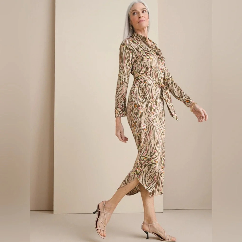 Chico's Maxi Shirt Dress Utility Satin Animal Print Silky - Picture 1 of 10